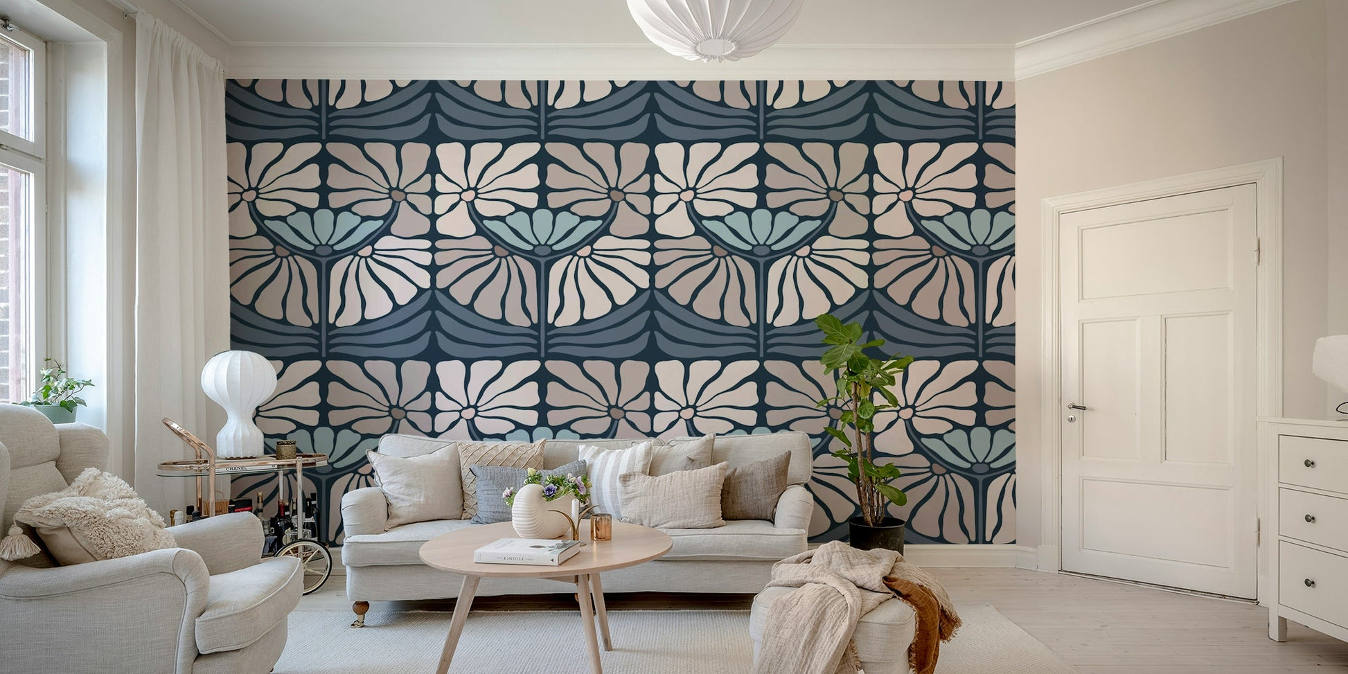 Night-inspired flower mural with soft petals

