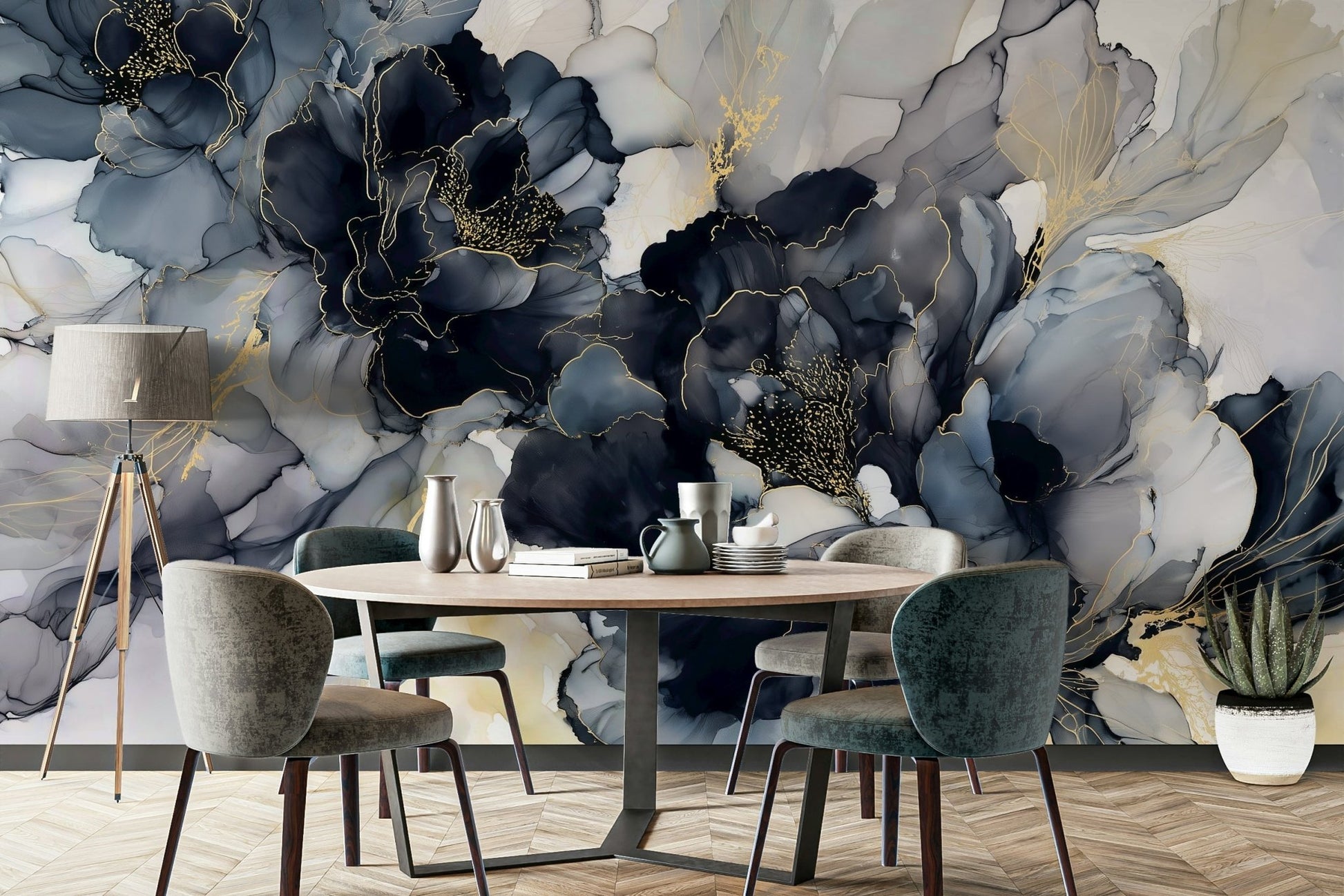 Artistic mural wallpaper with blossom sketch