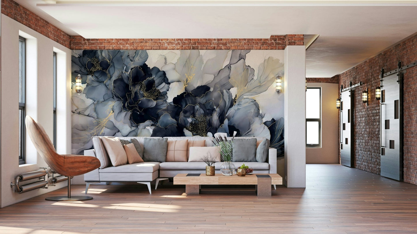 Hand-drawn blossom pattern on wall mural

