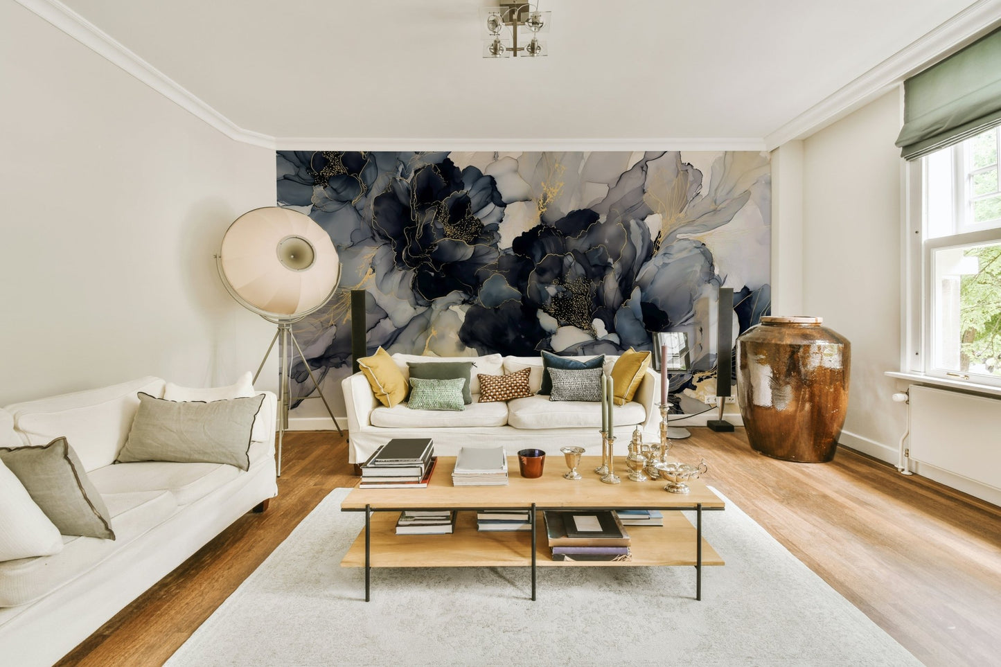 Bold ink-style flower design on wallpaper

