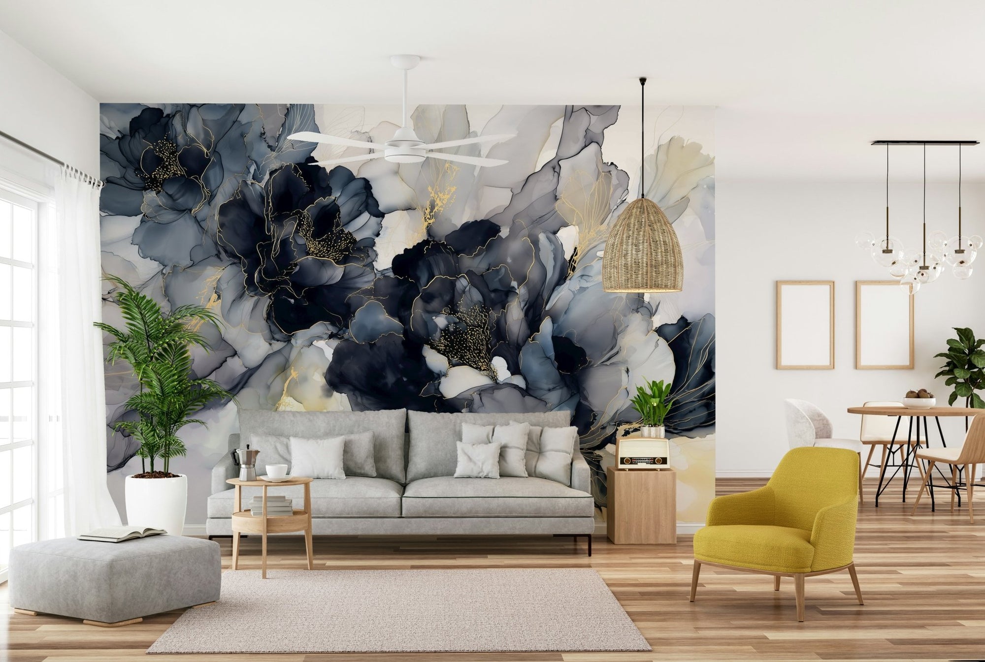 Midnight Blossom Ink Flowers Wall Mural, GD2635