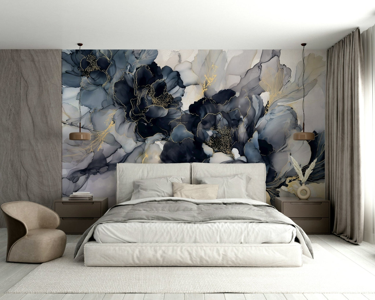 Deep ink flower wallpaper for living room
