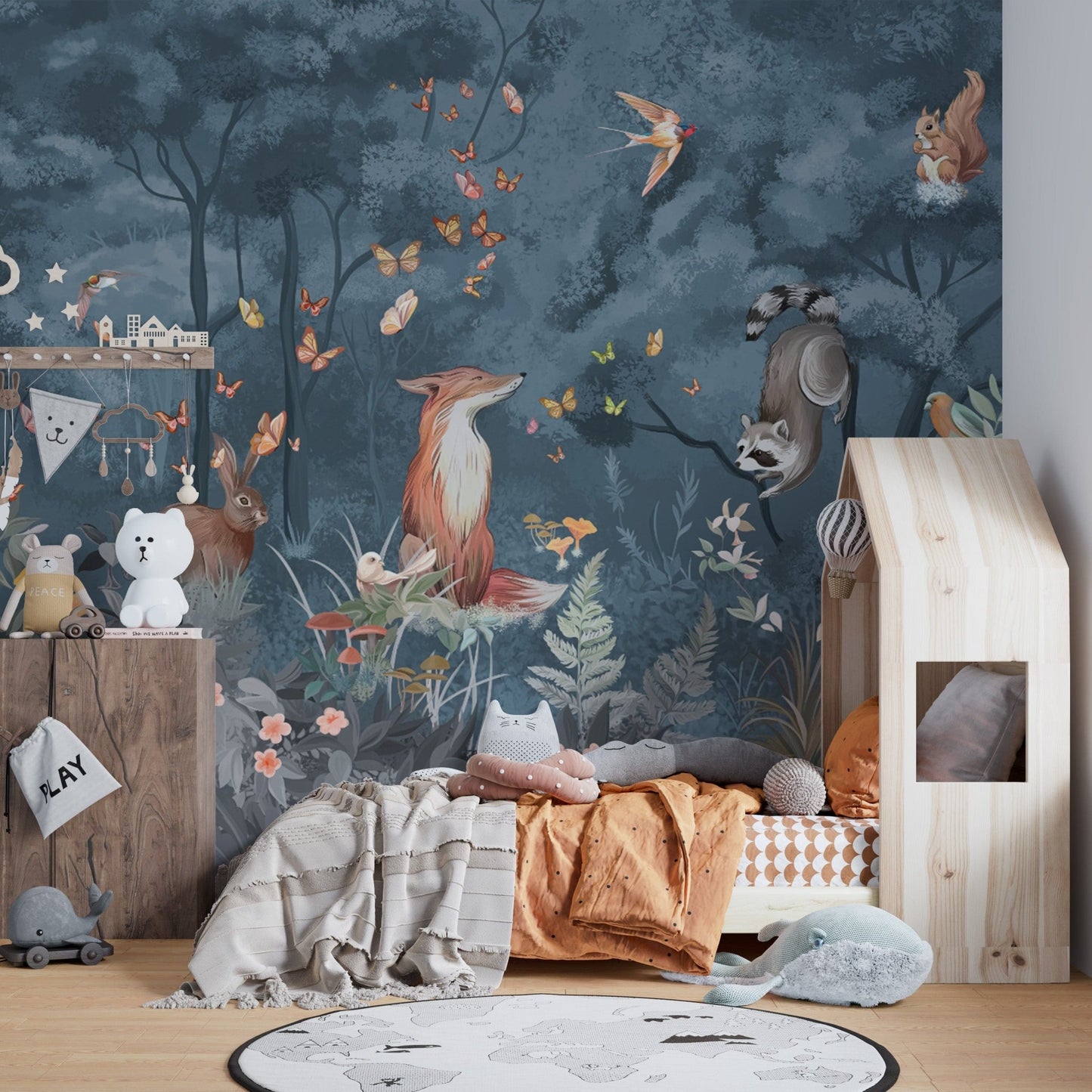 Dark Blue Nursery Wallpaper with Wildlife
