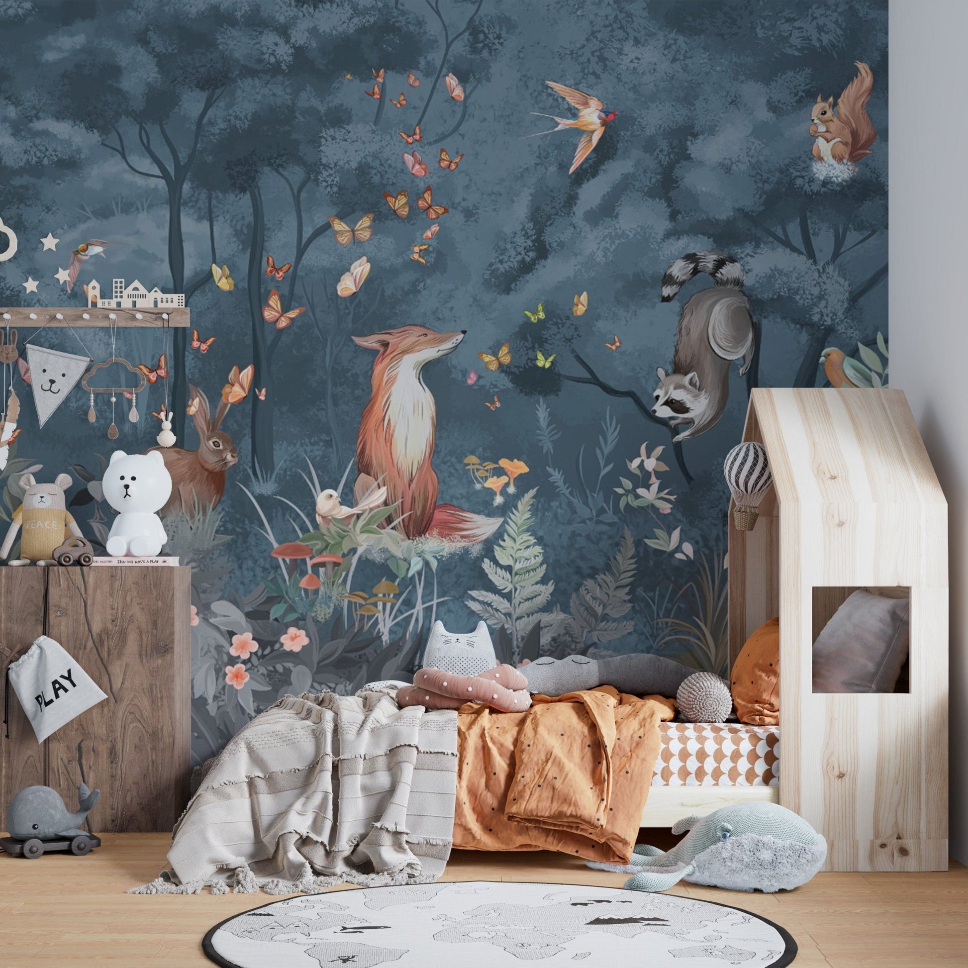 Dark Blue Nursery Wallpaper with Wildlife
