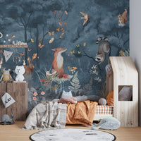 Dark Blue Nursery Wallpaper with Wildlife
