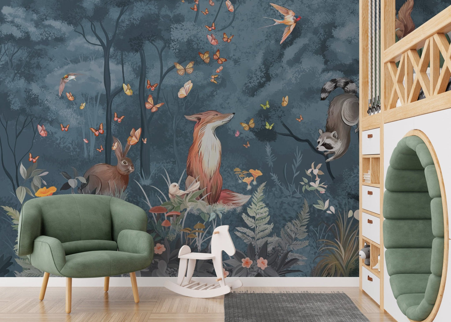 Enchanted Woodland Mural in Deep Blue
