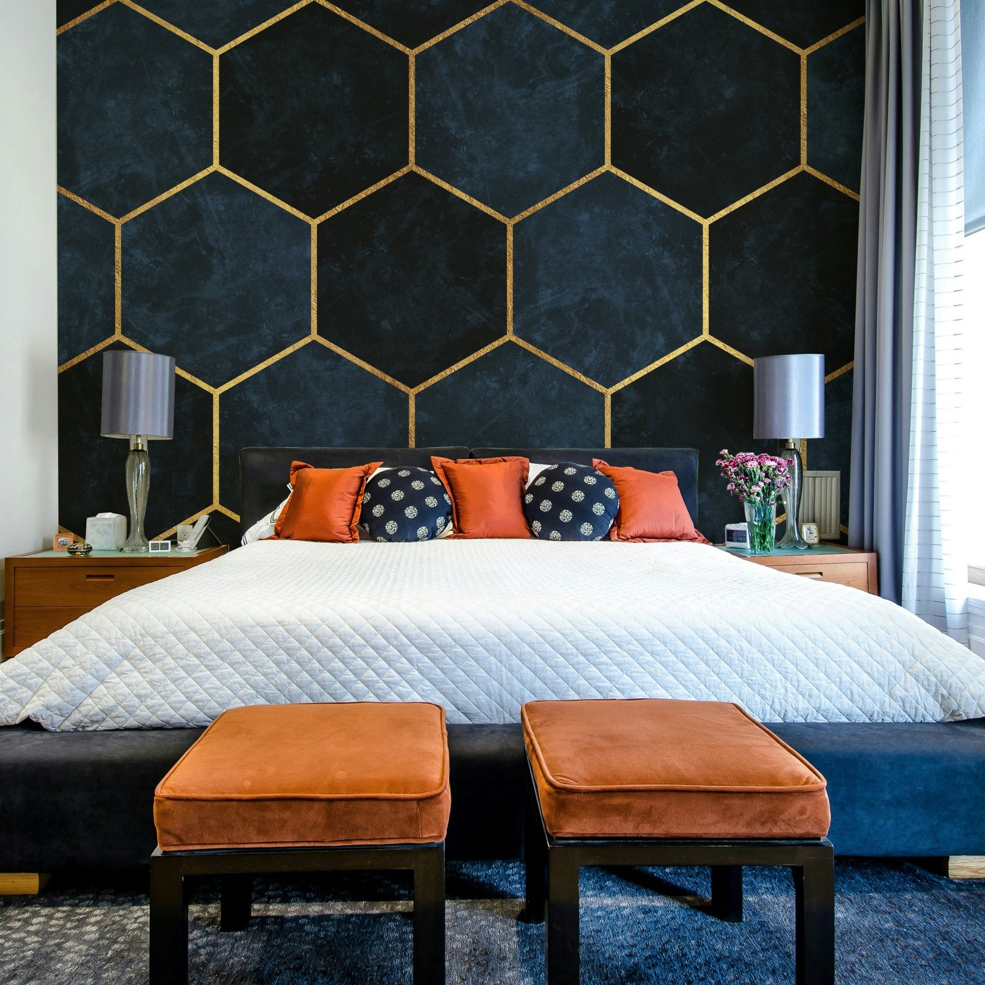 Transform your space with a midnight blue luxury hexagon mural.

