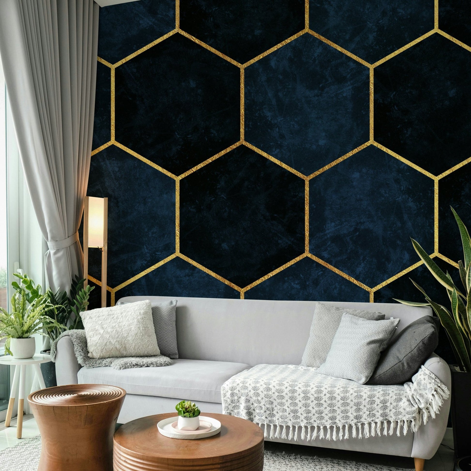 Sleek midnight blue hexagon wall mural for a luxury finish.

