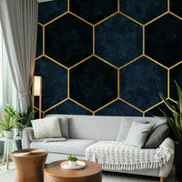 Sleek midnight blue hexagon wall mural for a luxury finish.

