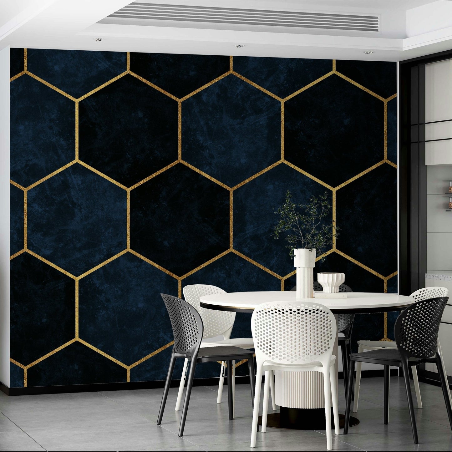 Midnight blue geometric hexagons mural for modern interiors.


