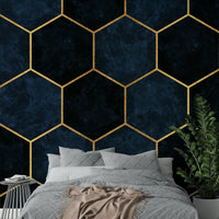 Luxury midnight blue hexagon wallpaper for sophisticated walls.

