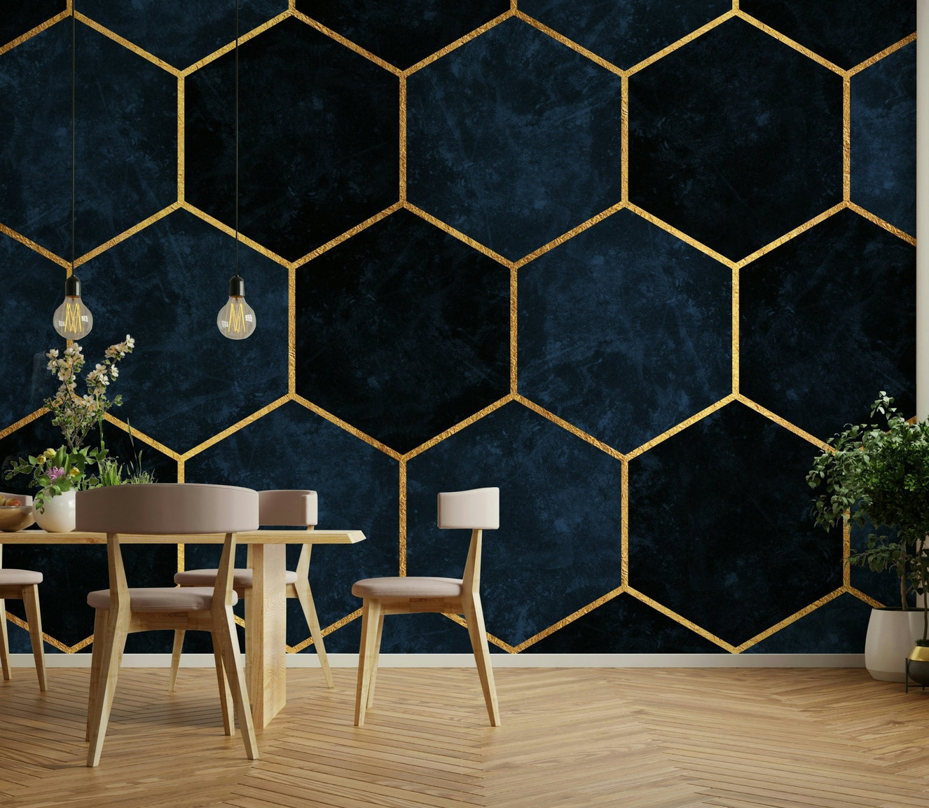 Midnight Blue Luxury Hexagons Wall Mural for modern interiors.

