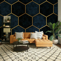 Stylish midnight blue hexagonal mural for contemporary rooms.

