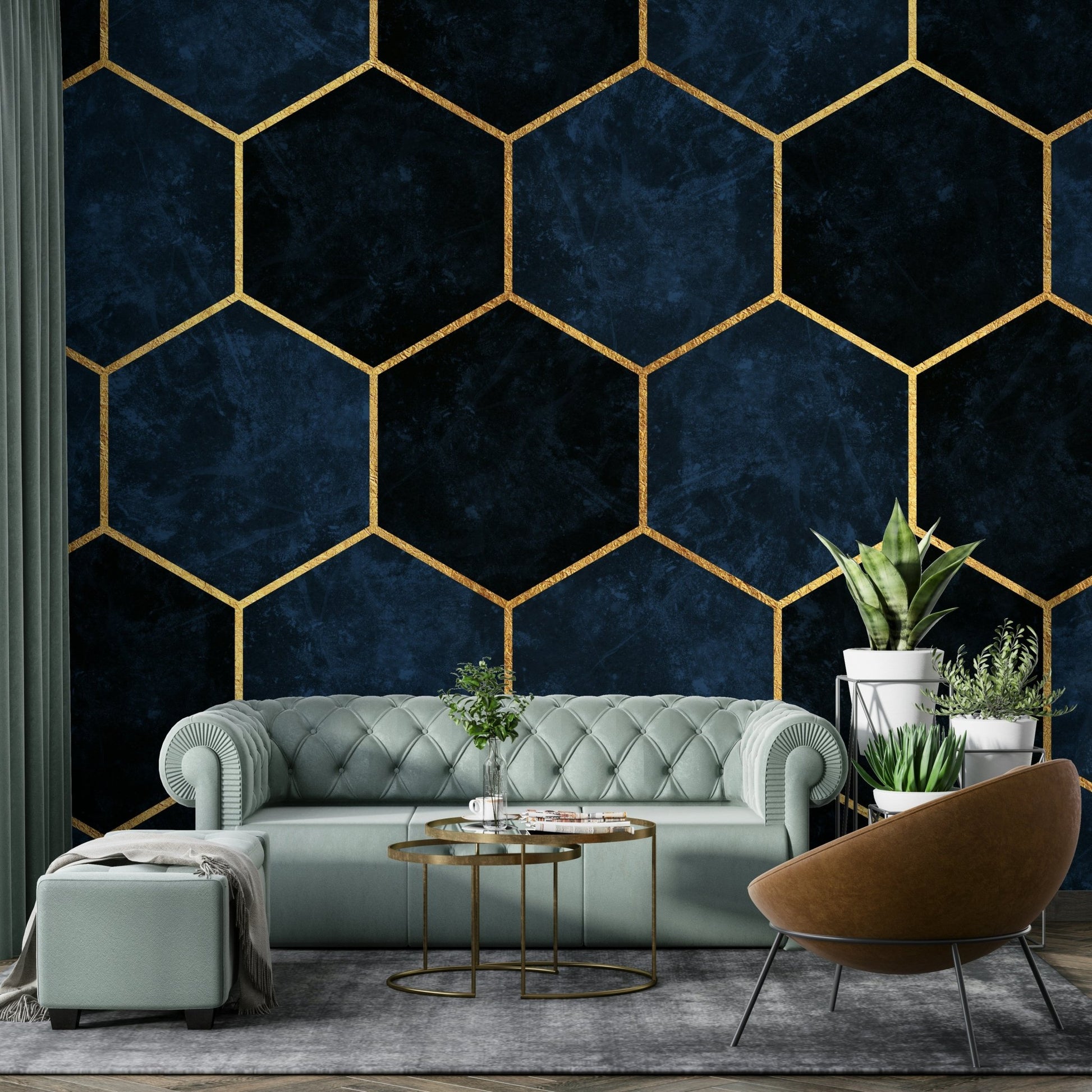 Stylish midnight blue luxury hexagon mural for your home.

