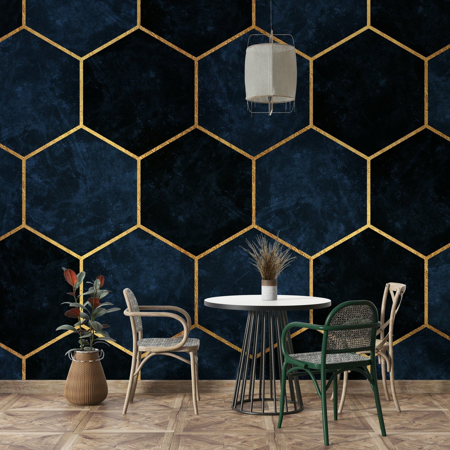Elegant hexagon wall mural in midnight blue for a chic look.


