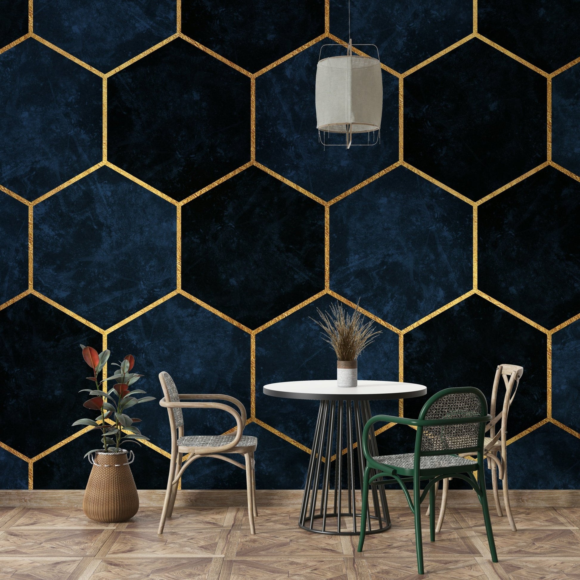 Elegant hexagon wall mural in midnight blue for a chic look.

