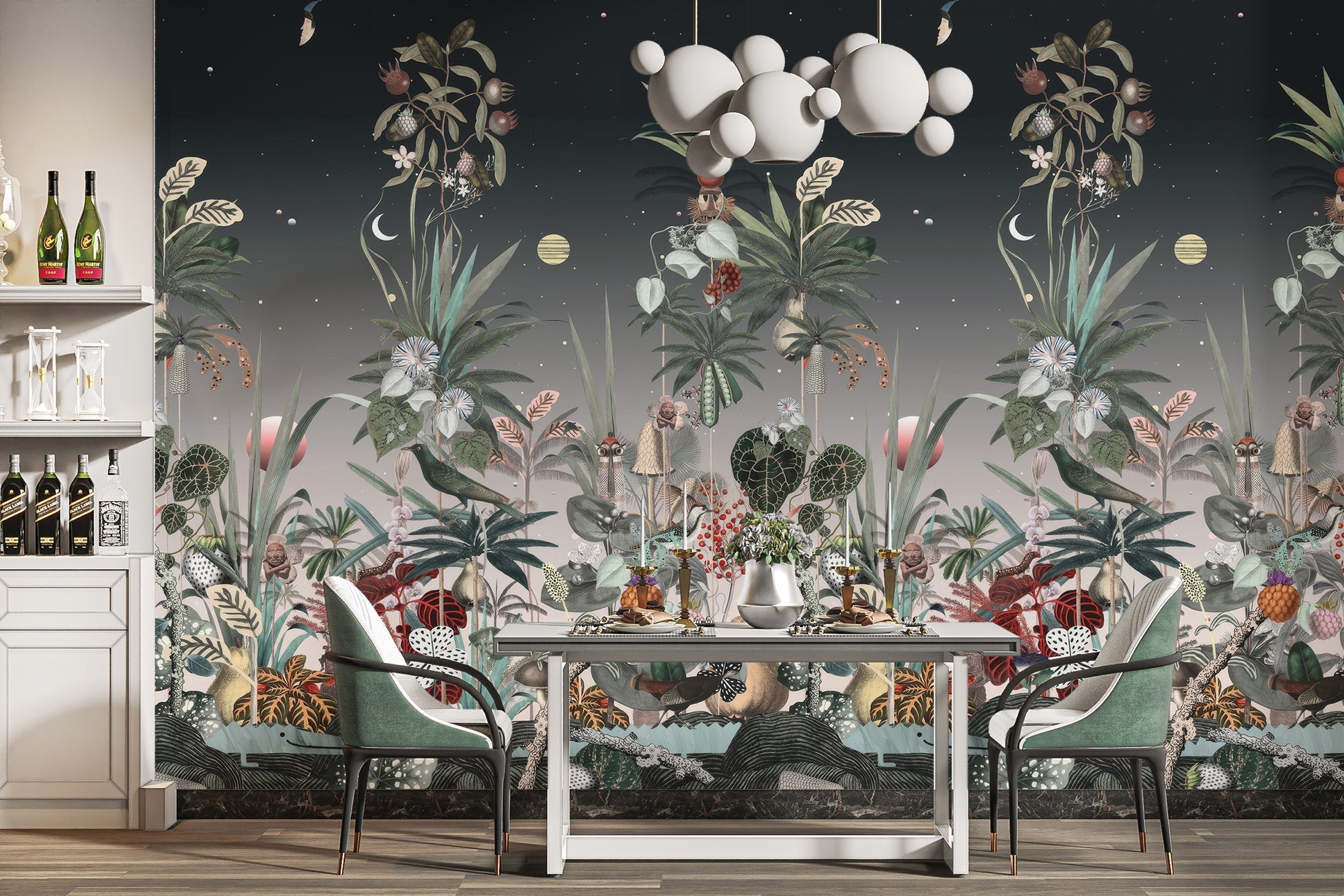 Midnight floral mural creating a serene atmosphere in the dining room C362