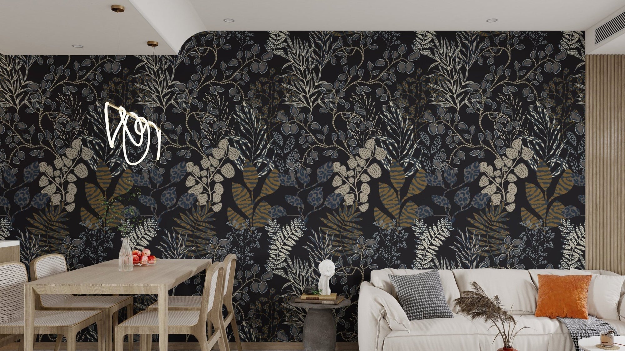 Midnight Botanical Gold Leaf Wallpaper Mural, AN04