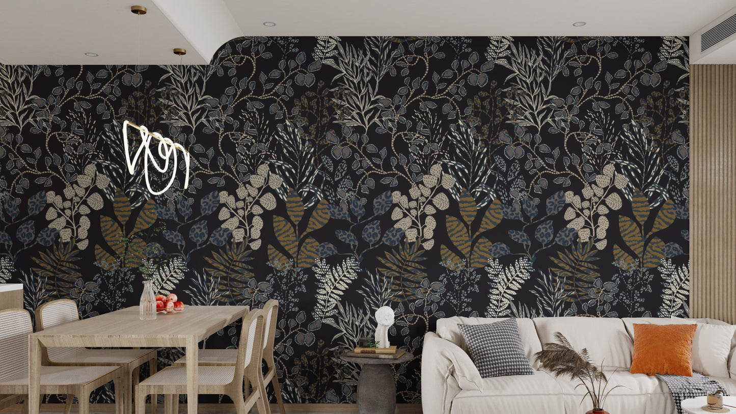 Midnight Botanical Gold Leaf Wallpaper Mural
