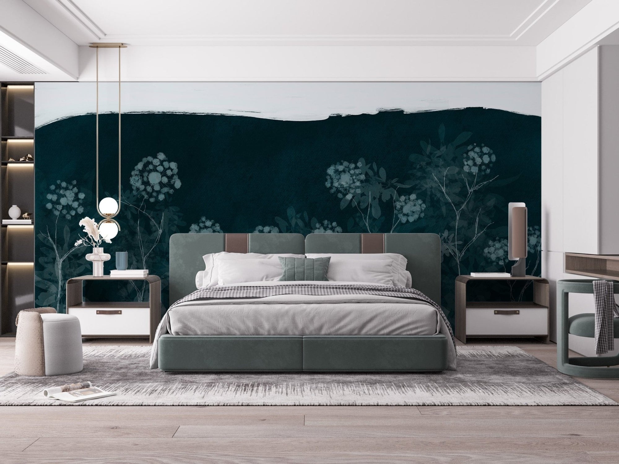 Moonlit garden wallpaper mural with floral elegance, B427