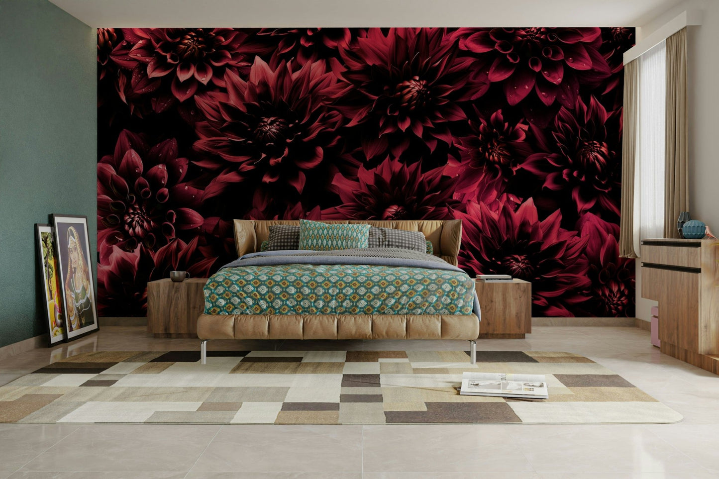 Deep red dahlia mural with a dramatic background

