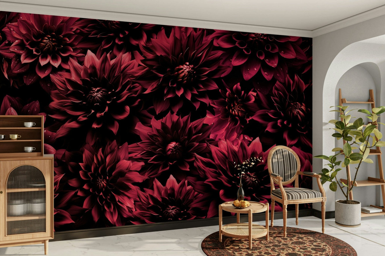 Midnight burgundy dahlia wall mural in dark tones

