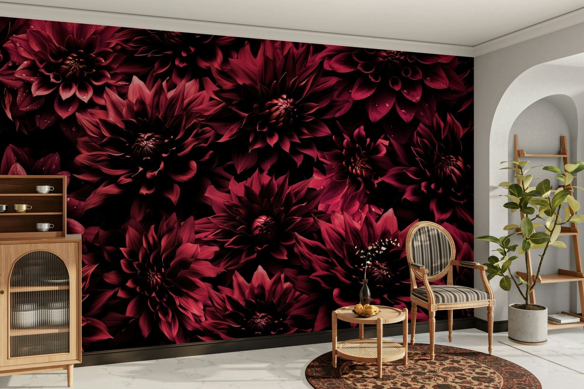 Midnight burgundy dahlia wall mural in dark tones, GD1224