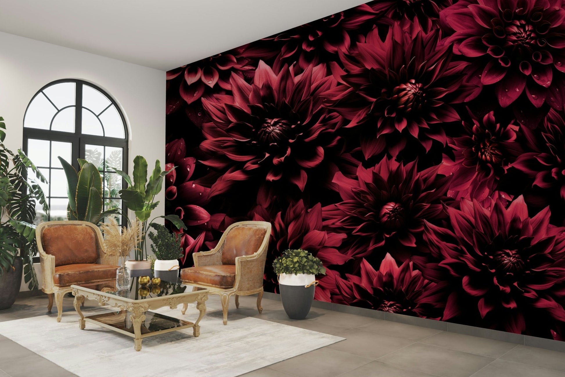 Romantic floral wall design in rich burgundy tones

