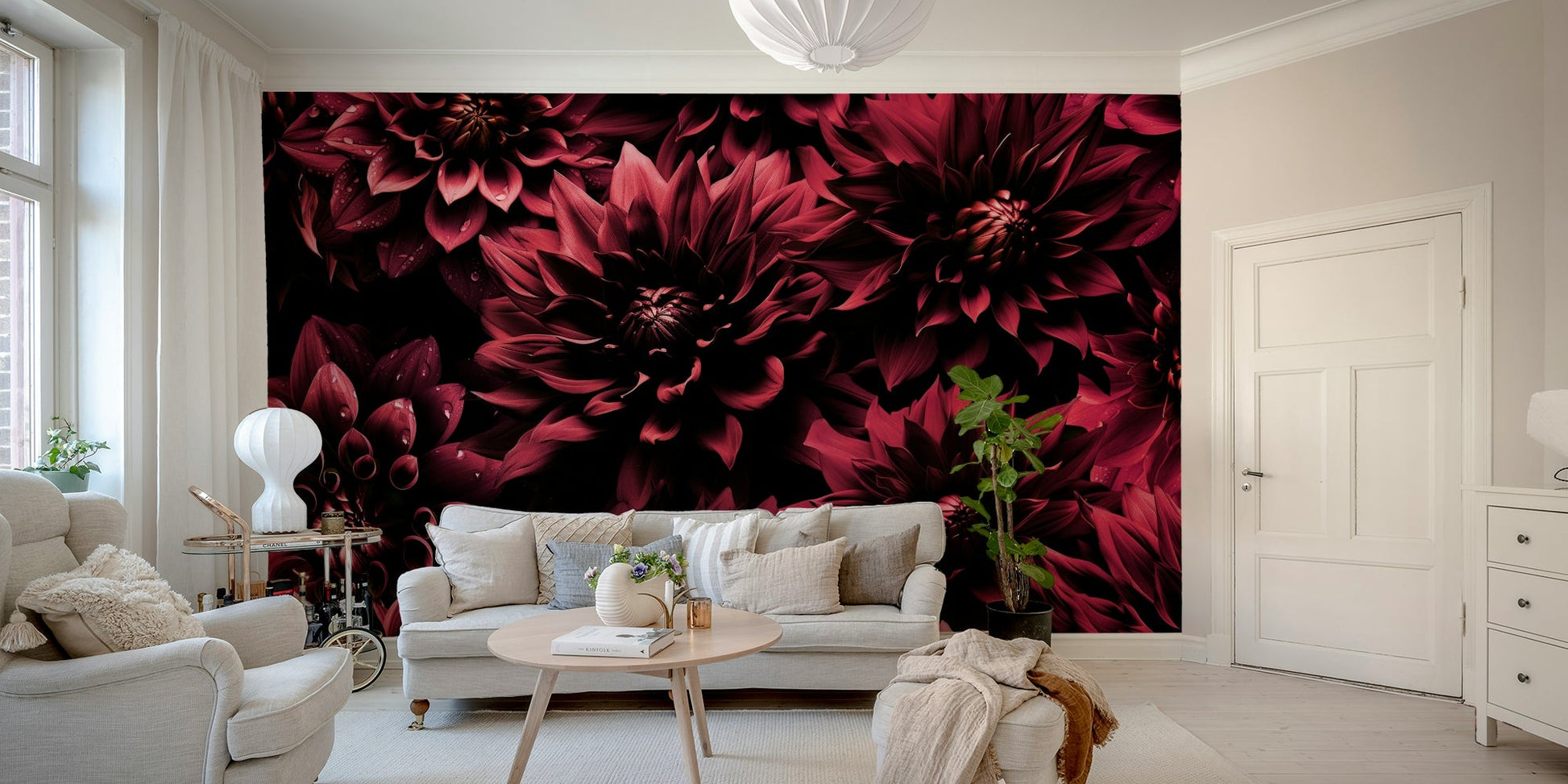 Moody dahlia wallpaper for elegant interiors

