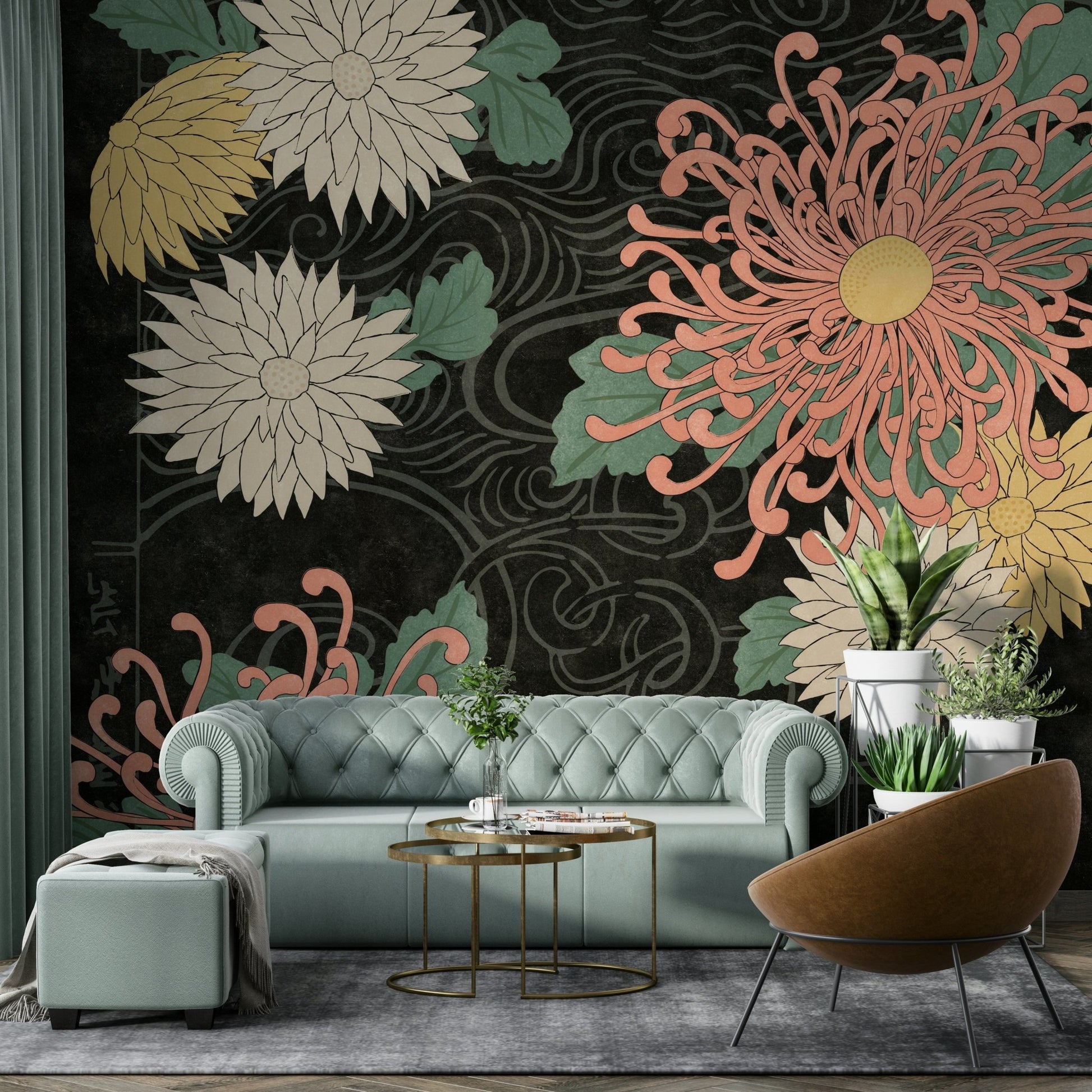 Beautiful chrysanthemum flowers in dark print mural, GD1515