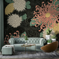 Beautiful chrysanthemum flowers in dark print mural, GD1515