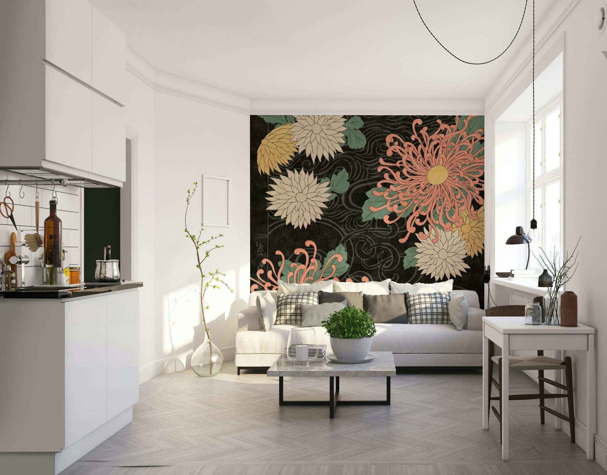 Elegant chrysanthemums mural in midnight tones, GD1515