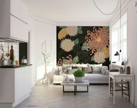 Elegant chrysanthemums mural in midnight tones, GD1515