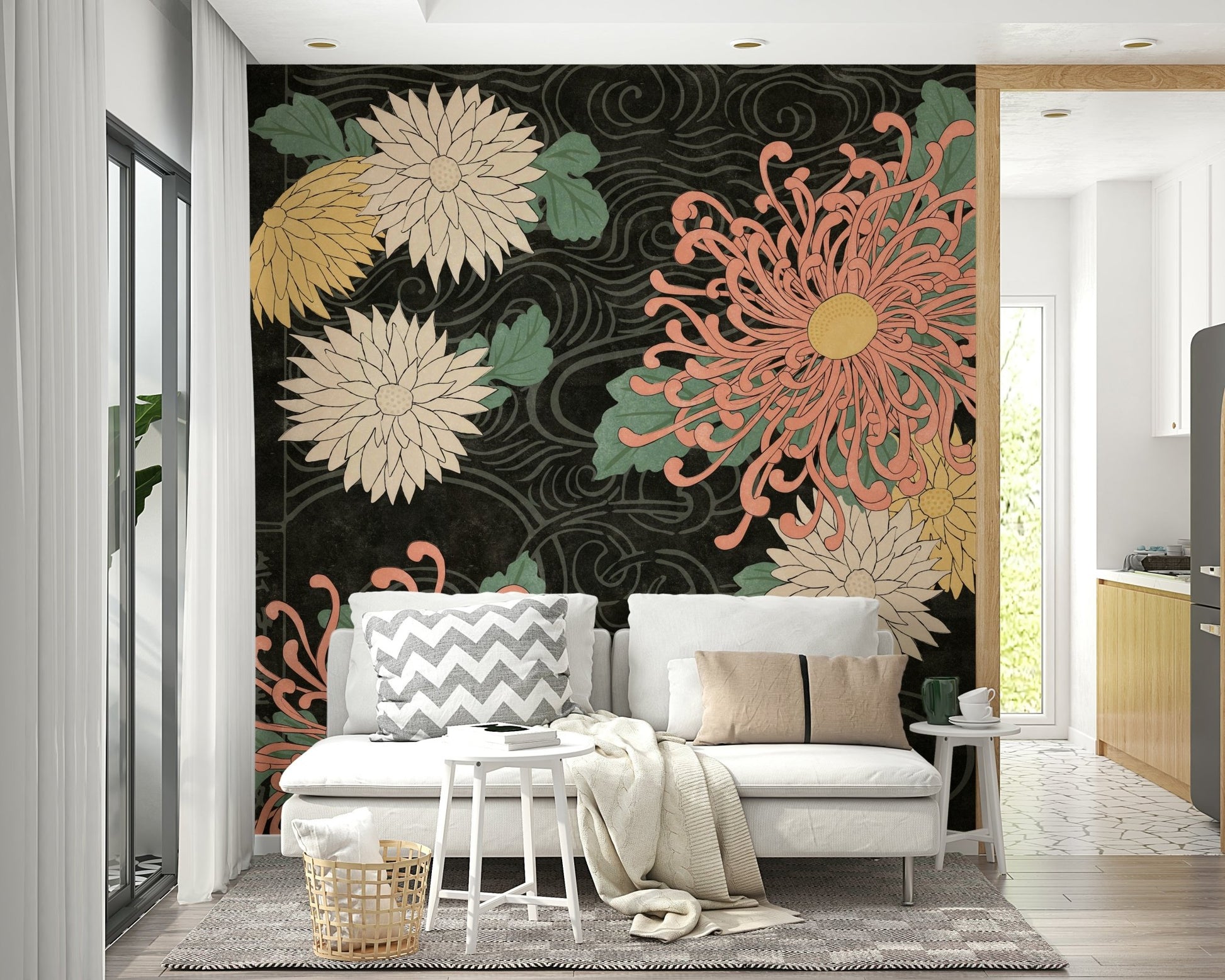 Midnight Chrysanthemums Japanese print wall mural, GD1515