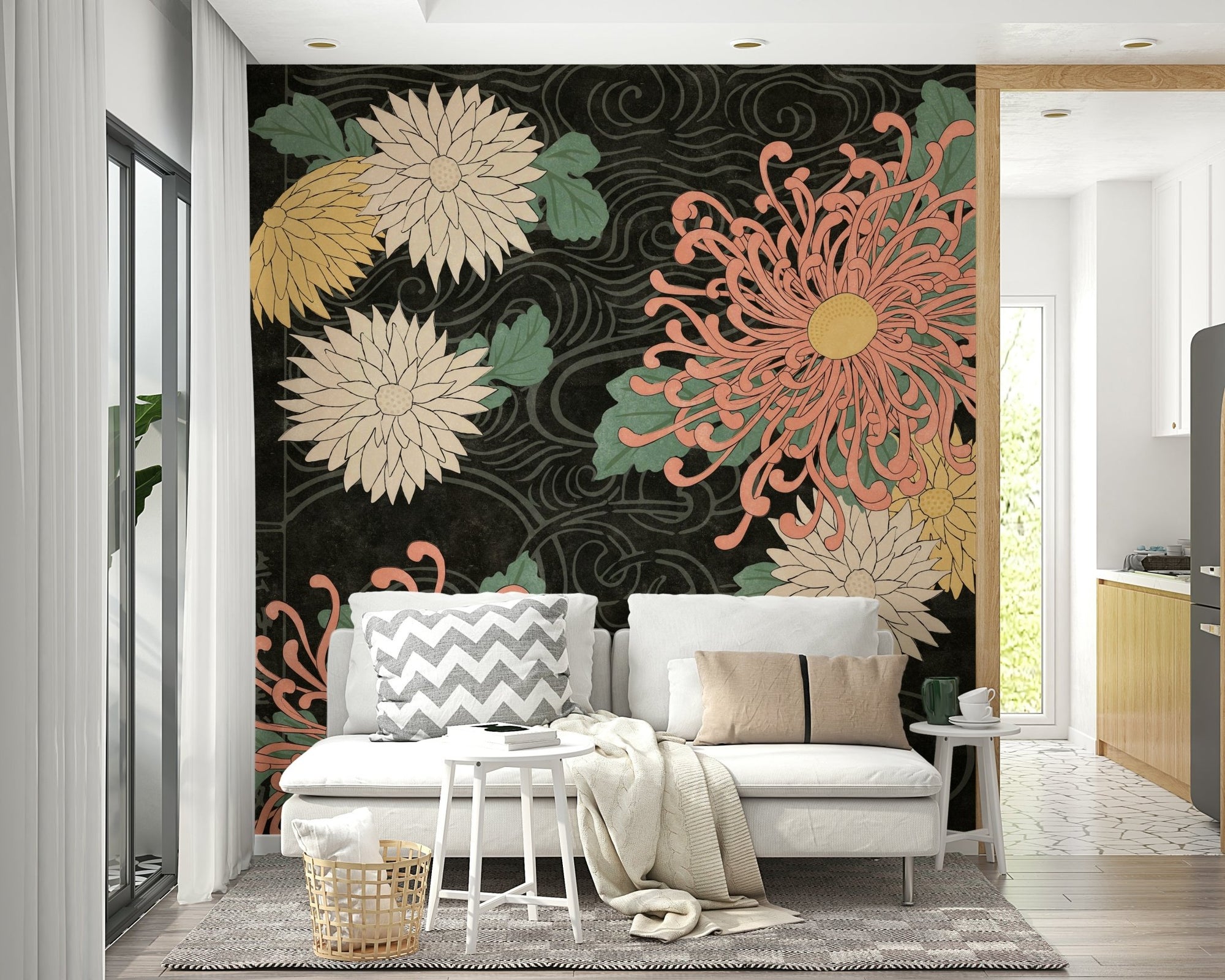 Midnight Chrysanthemums Japanese print wall mural, GD1515