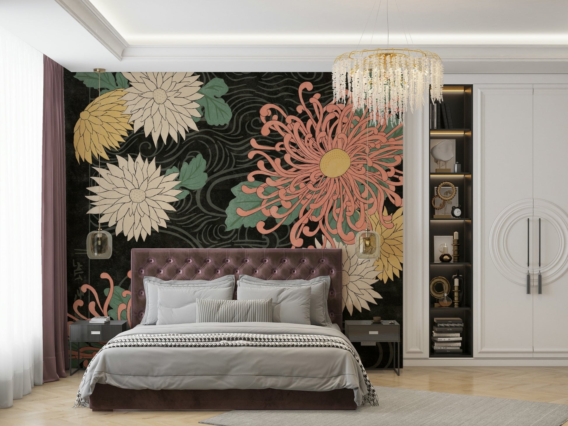 Dark floral wall mural with a Japanese print of chrysanthemums, GD1515