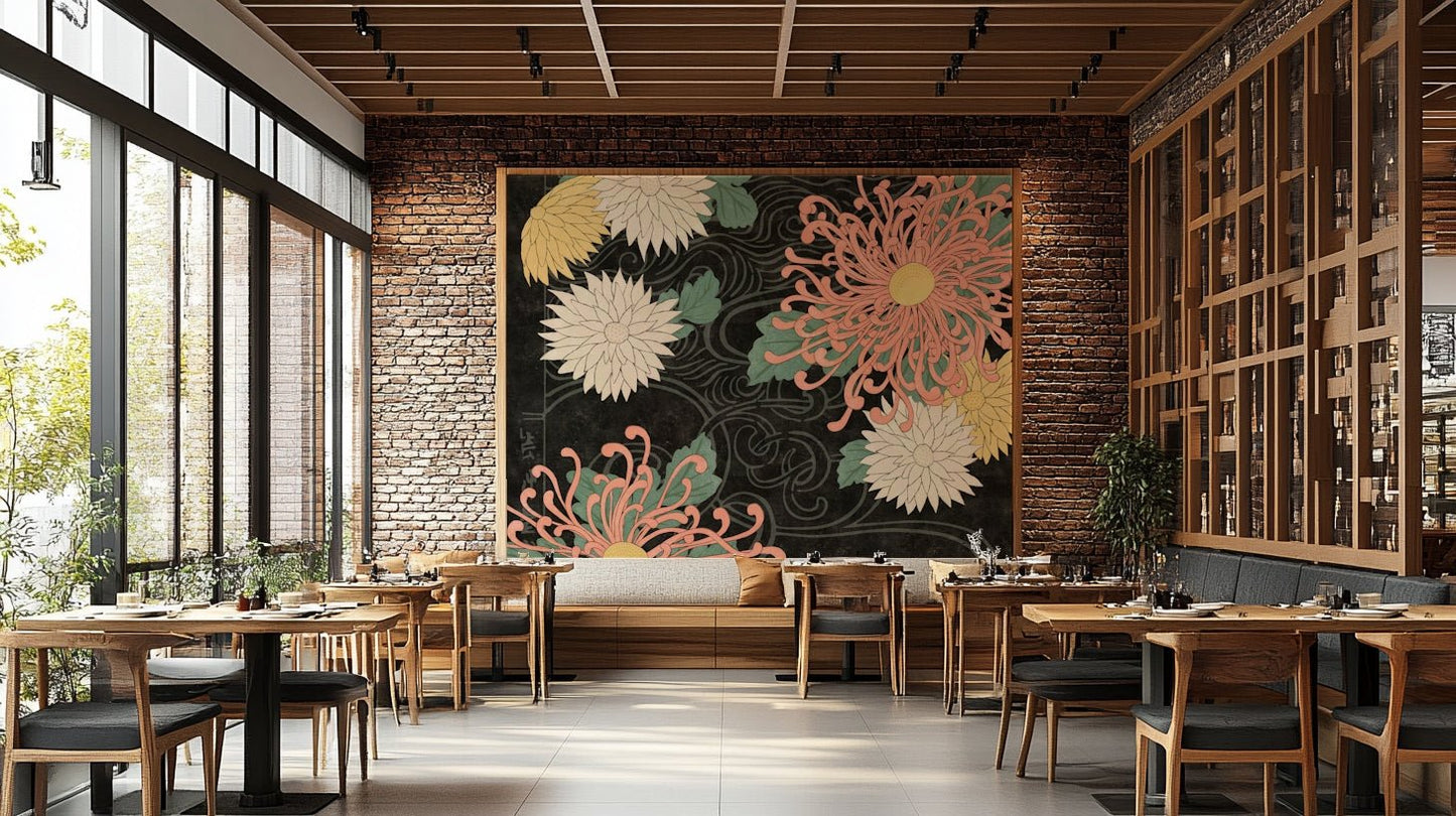 Dark floral mural with chrysanthemums in Japanese style, GD1515