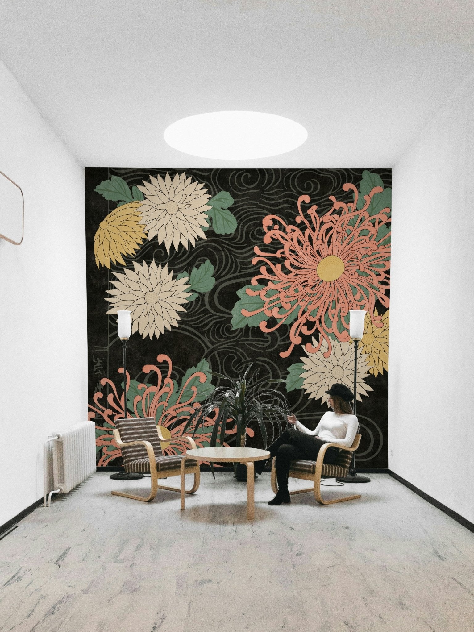 Serene midnight chrysanthemums mural with Japanese influence, GD1515