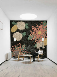 Serene midnight chrysanthemums mural with Japanese influence, GD1515