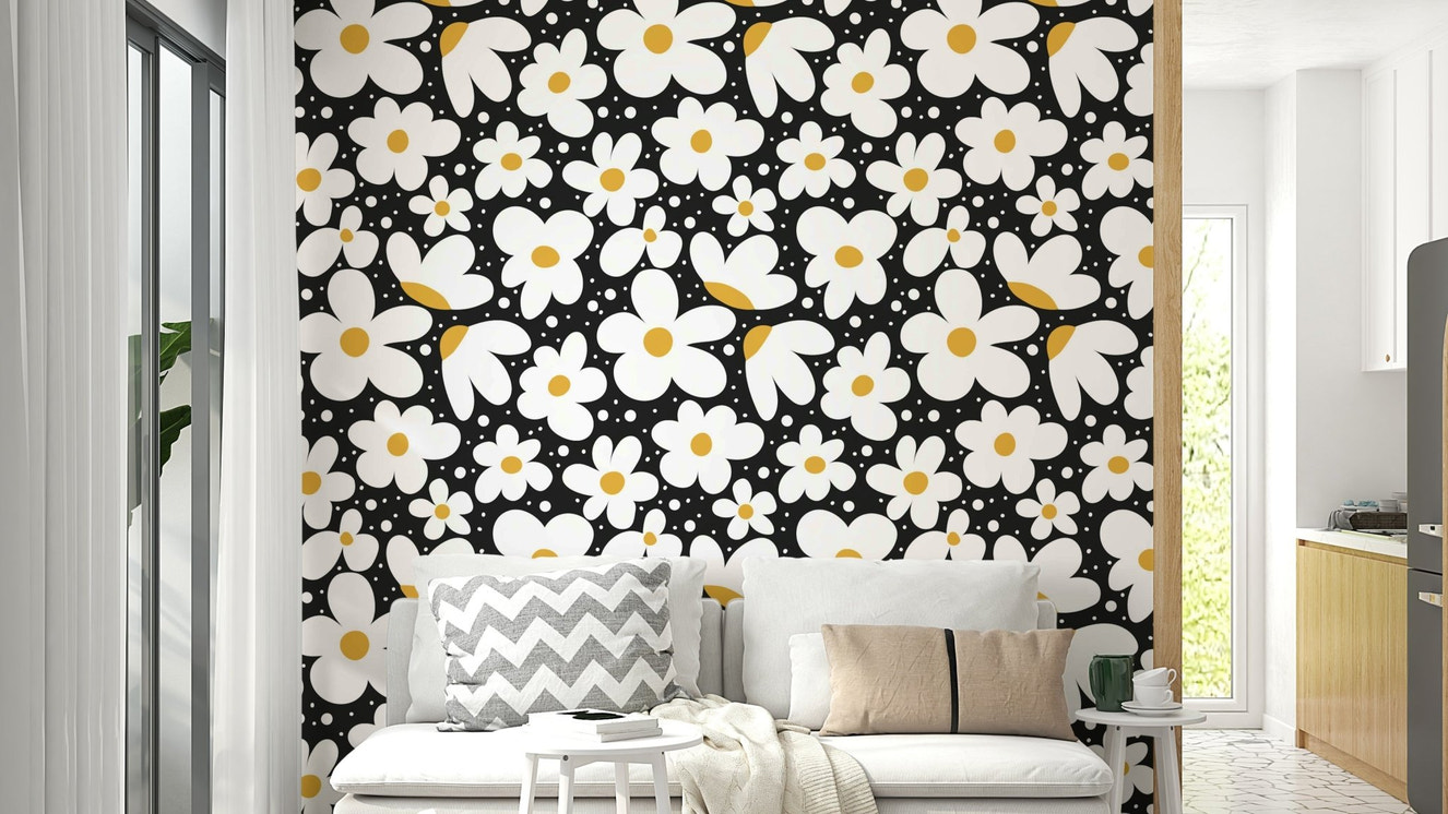 Midnight Daisies Wallpaper with a dark floral design

