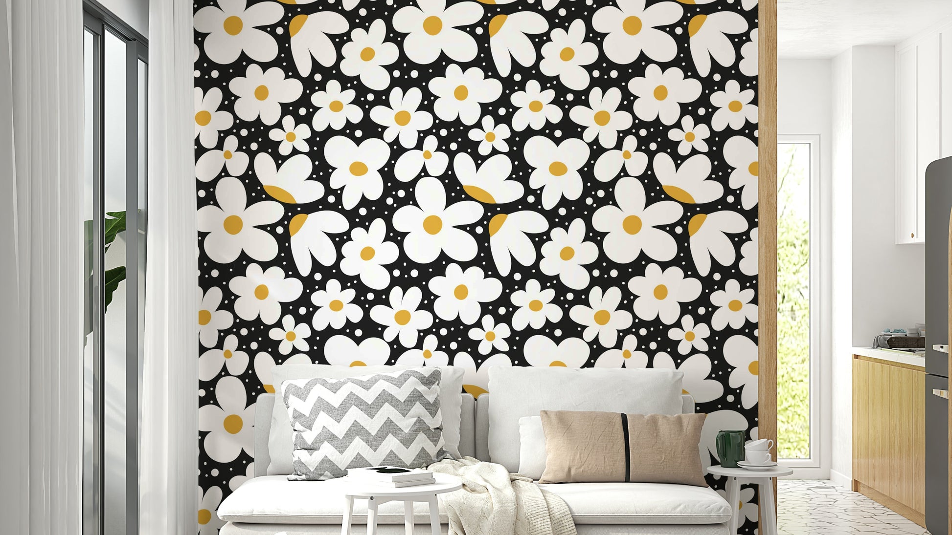 Midnight Daisies Wallpaper with a dark floral design


