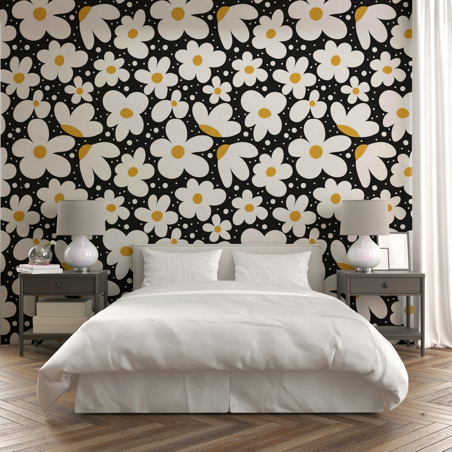 Nighttime daisy pattern wallpaper for modern spaces

