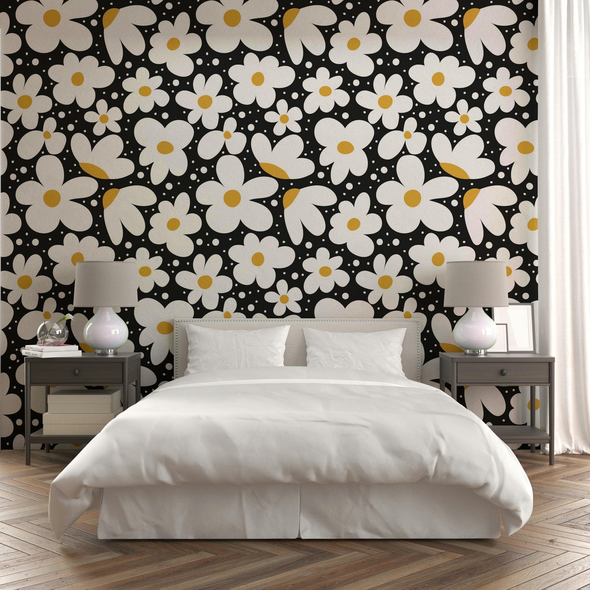 Nighttime daisy pattern wallpaper for modern spaces

