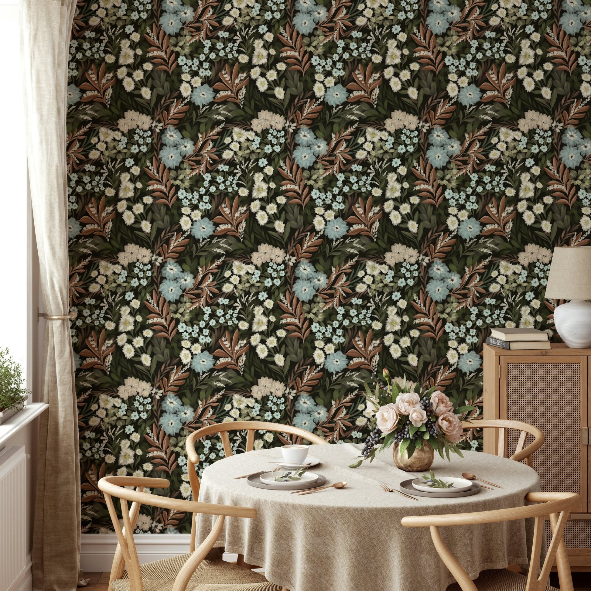 Bold floral wallpaper with forest backdrop

