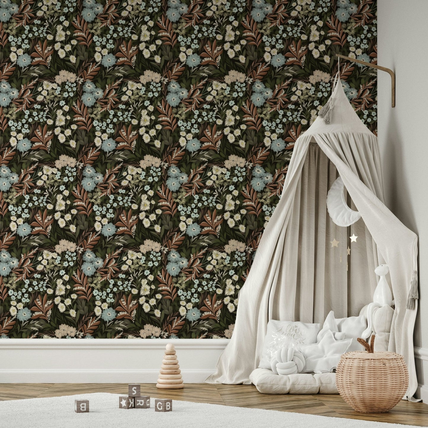 Dark floral wallpaper for a dramatic bedroom

