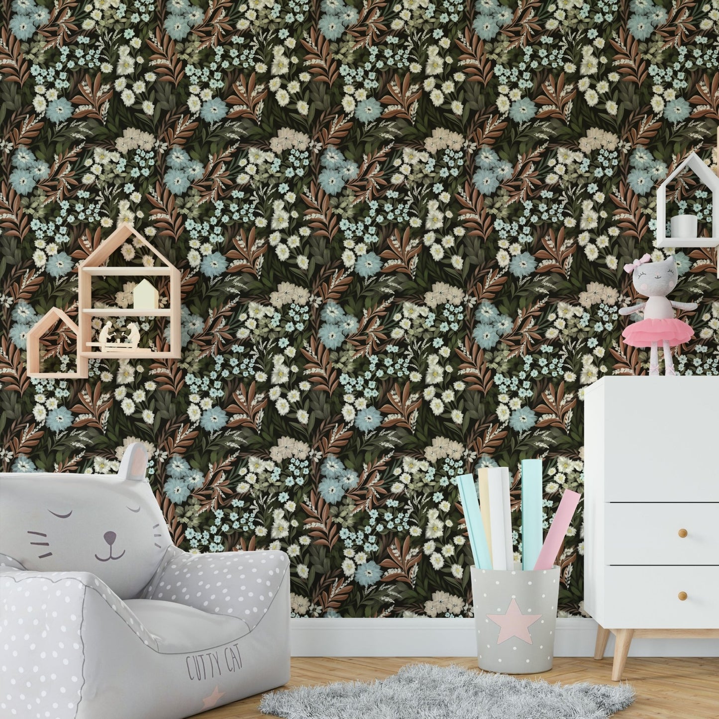 Elegant room with midnight floral wallpaper

