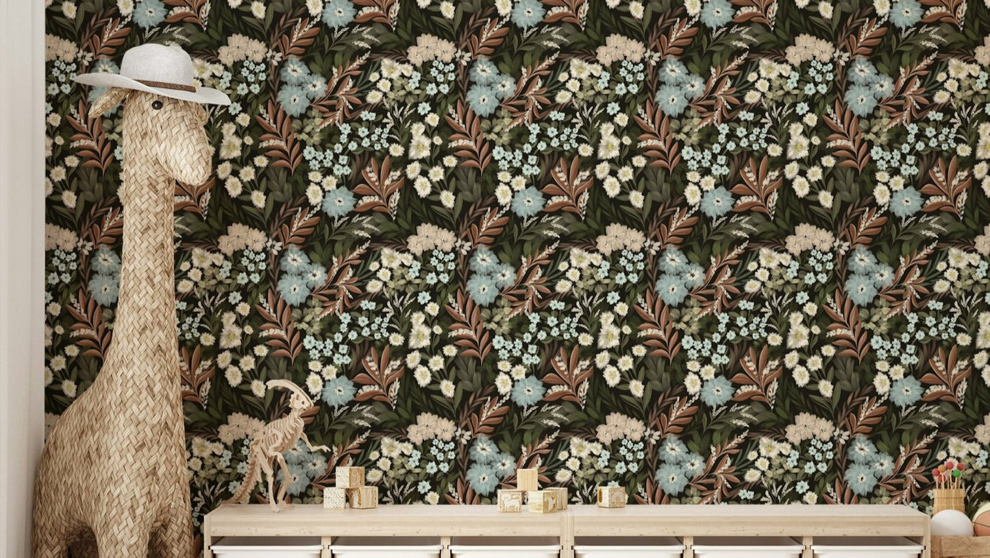 Midnight forest wallpaper with floral accents

