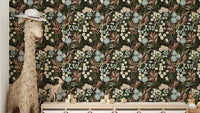 Midnight forest wallpaper with floral accents

