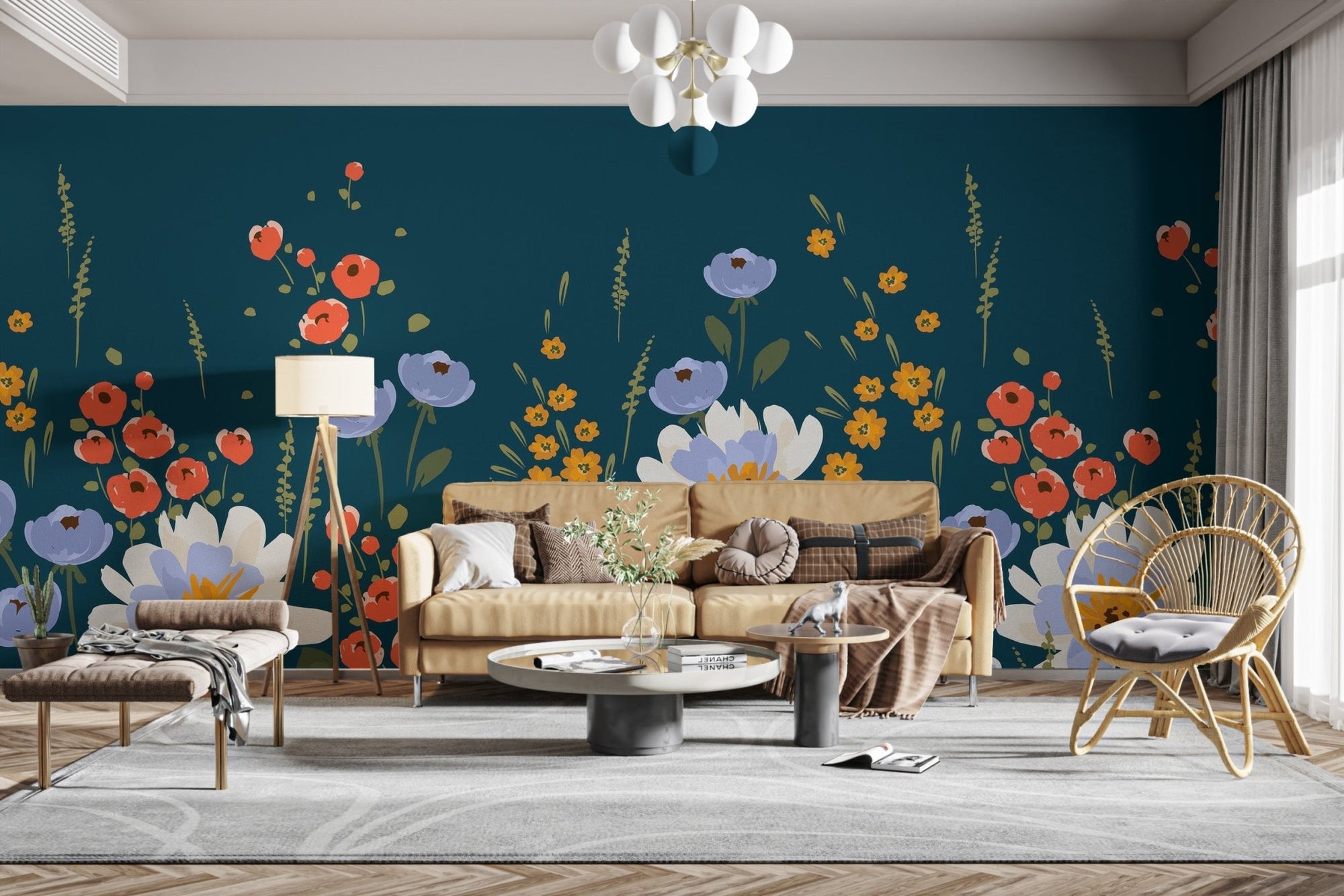 Elegant Midnight Garden floral mural wallpaper for living room walls., C234
