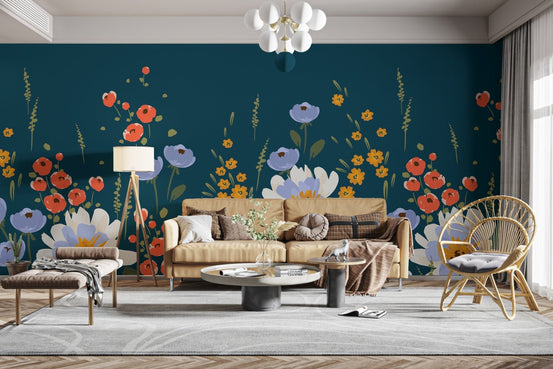 Elegant Midnight Garden floral mural wallpaper for living room walls., C234